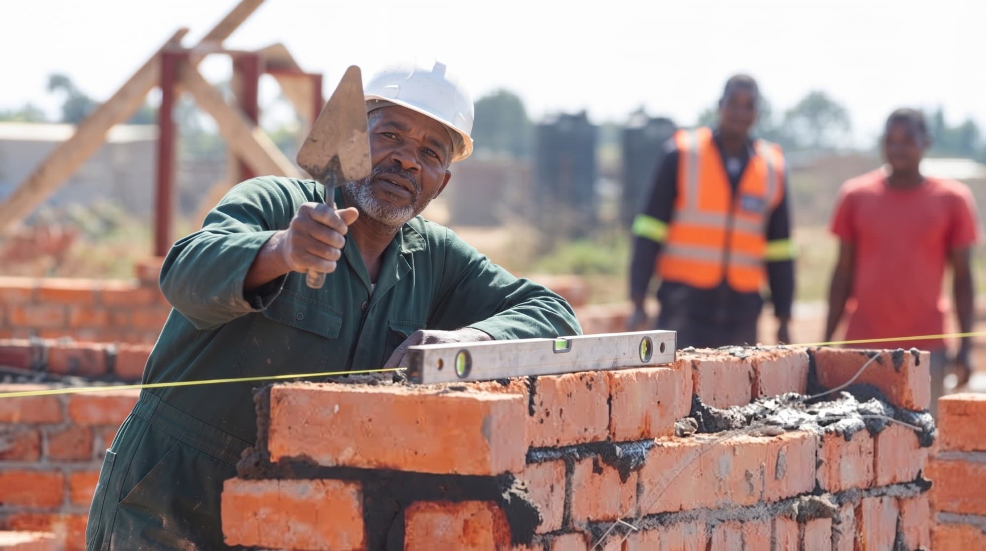 A senior bricklayer checking a brick course with a spirit level and trowel